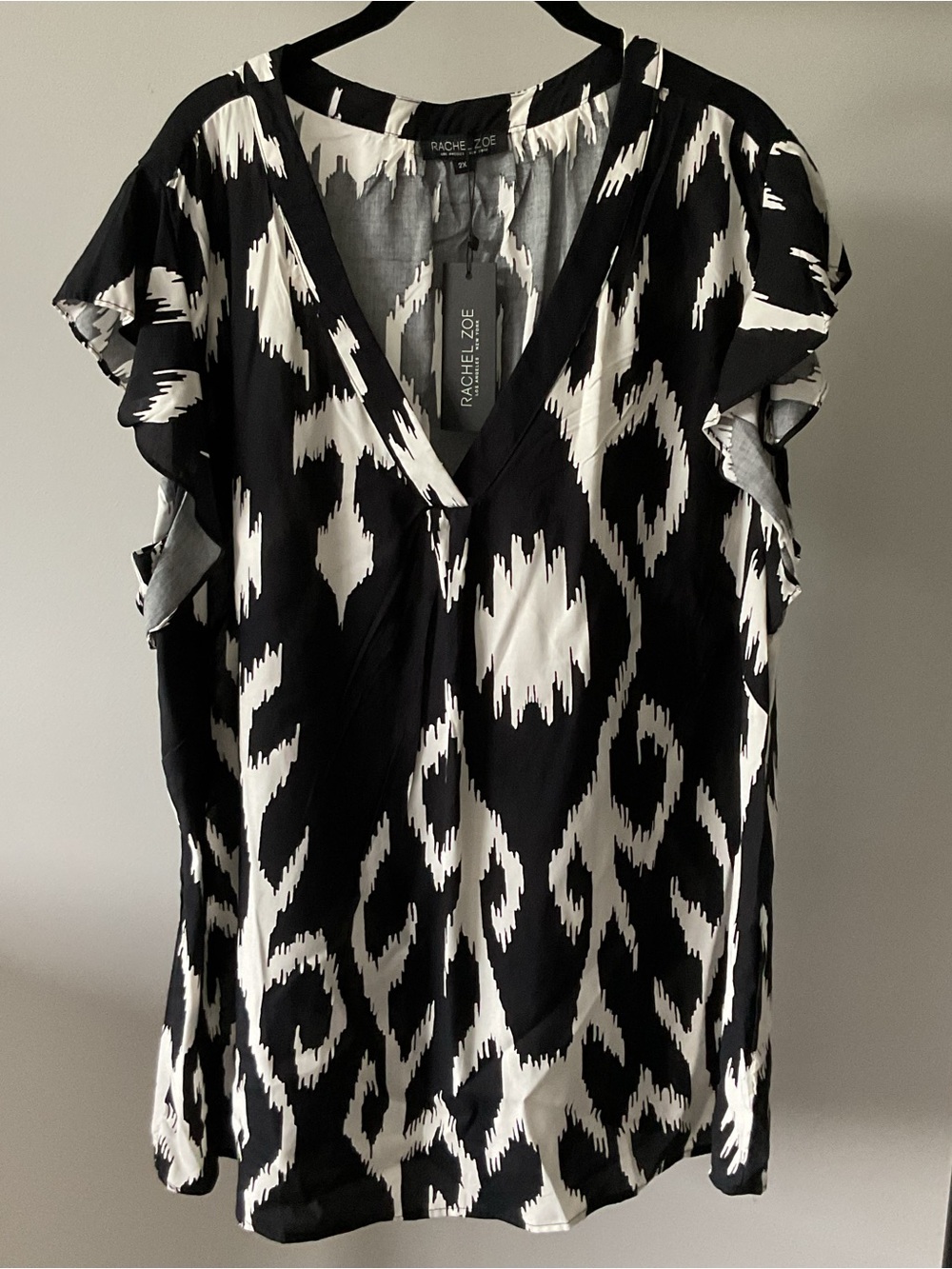 Rachel Zoe Black & White Ikat-Style Flutter Sleeve Blouse